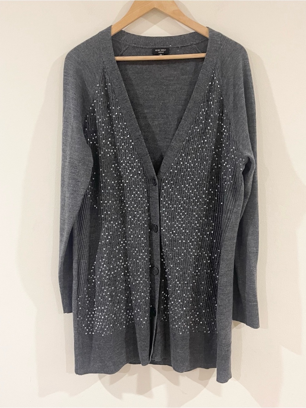 Nine West Gray Embellished V-Neck Cardigan Sweater Wool Blend Plus Size 2X